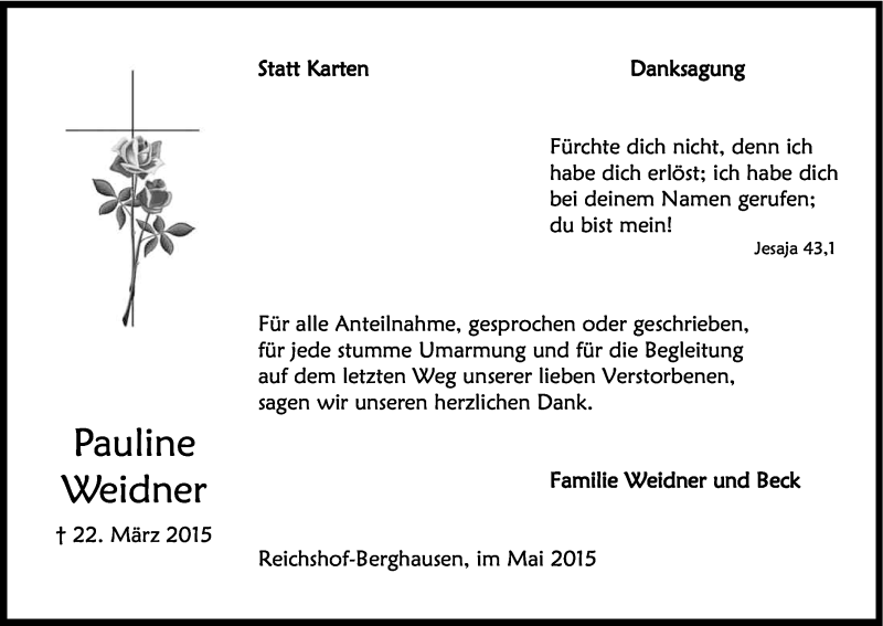  Traueranzeige für Pauline Weidner vom 02.05.2015 aus Kölner Stadt-Anzeiger / Kölnische Rundschau / Express