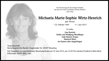 Anzeige von Michaela Marie-Sophie Wirtz-Henrich von Kölner Stadt-Anzeiger / Kölnische Rundschau / Express