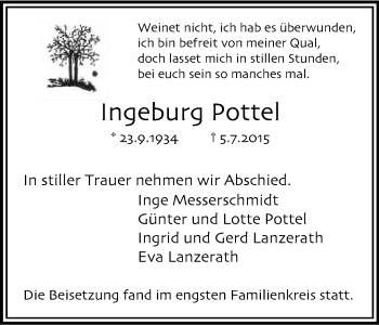 Anzeige von Ingeburg Pottel von Kölner Stadt-Anzeiger / Kölnische Rundschau / Express