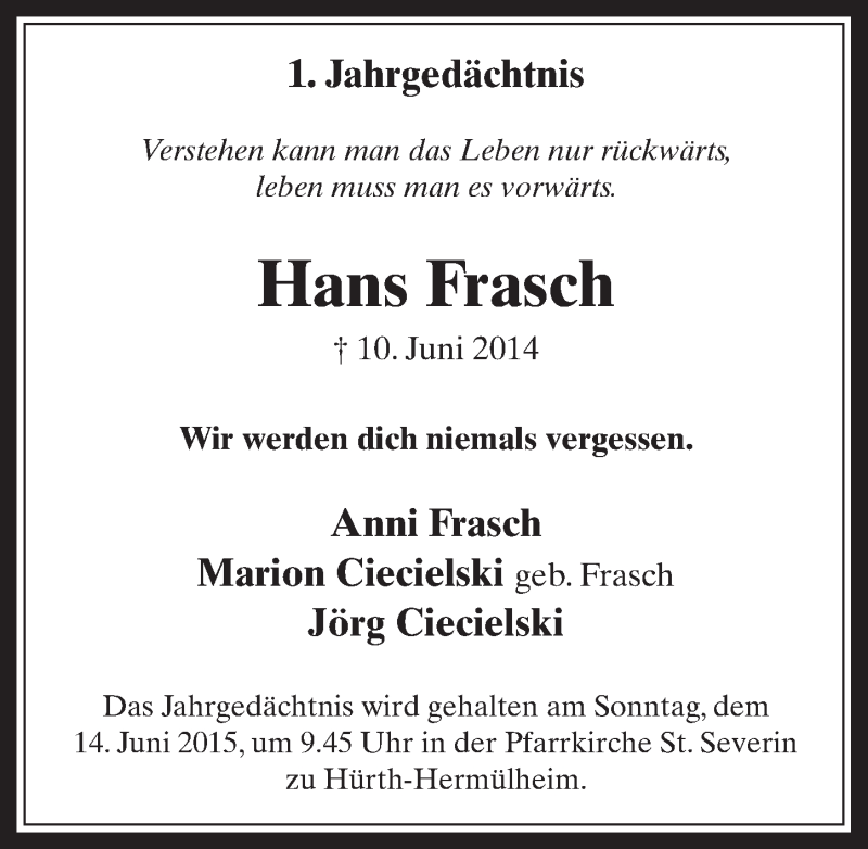  Traueranzeige für Hans Frasch vom 10.06.2015 aus  Wochenende 