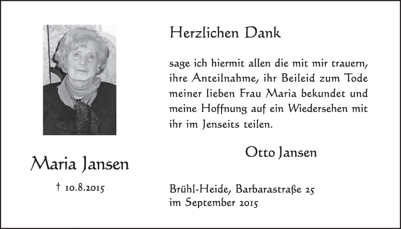  Traueranzeige für Maria Jansen vom 23.09.2015 aus  Schlossbote/Werbekurier 