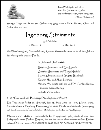 Anzeige von Ingeborg Steinmetz von Kölner Stadt-Anzeiger / Kölnische Rundschau / Express