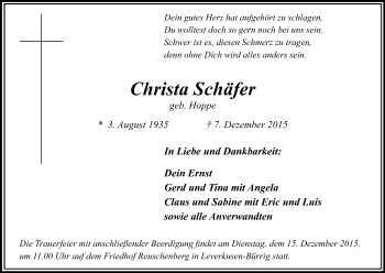 Anzeige von Christa Schäfer von Kölner Stadt-Anzeiger / Kölnische Rundschau / Express