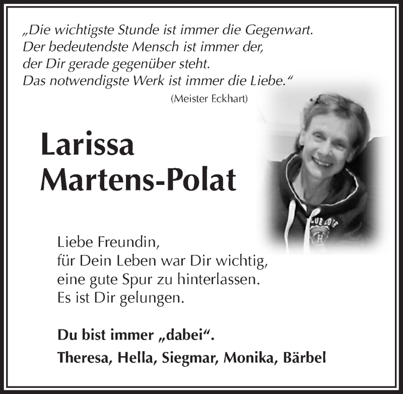  Traueranzeige für Larissa Martens-Polat vom 28.10.2015 aus  Anzeigen Echo 