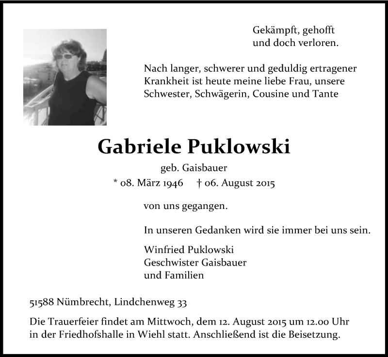  Traueranzeige für Gabriele Puklowski vom 08.08.2015 aus Kölner Stadt-Anzeiger / Kölnische Rundschau / Express