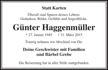 Anzeige von Günter Haggenmüller von  Leverkusener Wochenende 