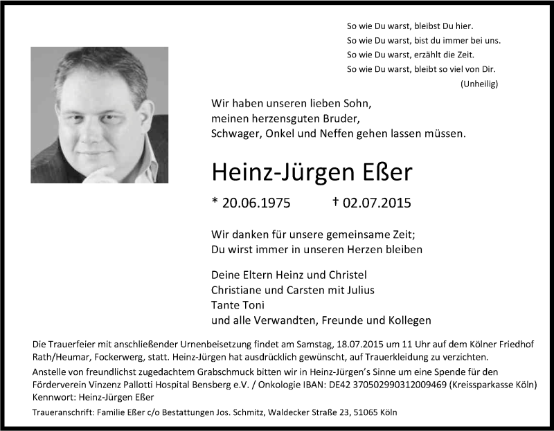  Traueranzeige für Heinz-Jürgen Eßer vom 11.07.2015 aus Kölner Stadt-Anzeiger / Kölnische Rundschau / Express