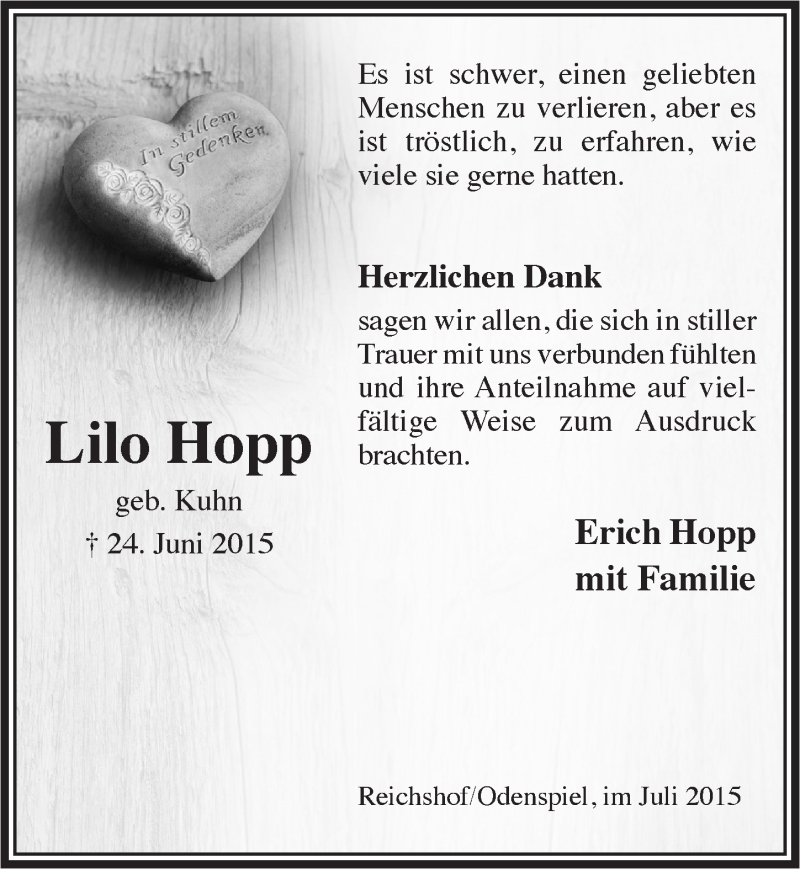 Traueranzeige für Lilo Hopp vom 15.07.2015 aus  Lokalanzeiger 