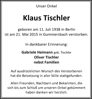Anzeige von Klaus Tischler von Kölner Stadt-Anzeiger / Kölnische Rundschau / Express