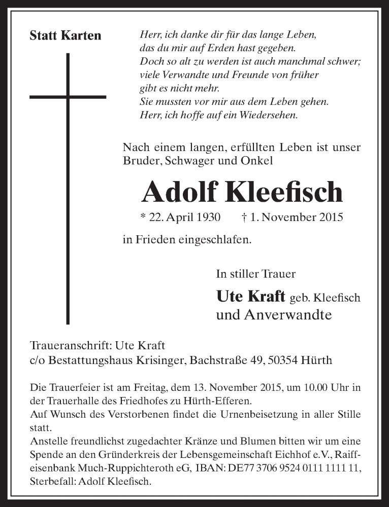  Traueranzeige für Adolf Kleefisch vom 11.11.2015 aus  Wochenende 