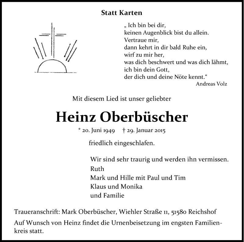  Traueranzeige für Heinz Oberbüscher vom 04.02.2015 aus Kölner Stadt-Anzeiger / Kölnische Rundschau / Express