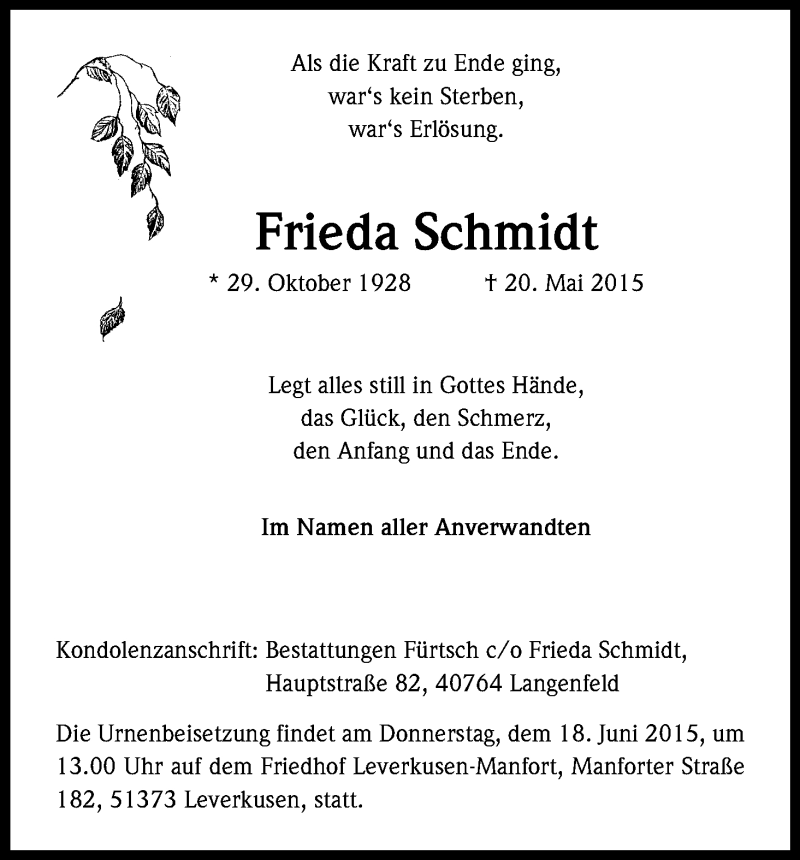  Traueranzeige für Frieda Schmidt vom 13.06.2015 aus Kölner Stadt-Anzeiger / Kölnische Rundschau / Express