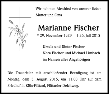 Anzeige von Marianne Fischer von Kölner Stadt-Anzeiger / Kölnische Rundschau / Express