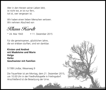Anzeige von Klaus Hardt von Kölner Stadt-Anzeiger / Kölnische Rundschau / Express