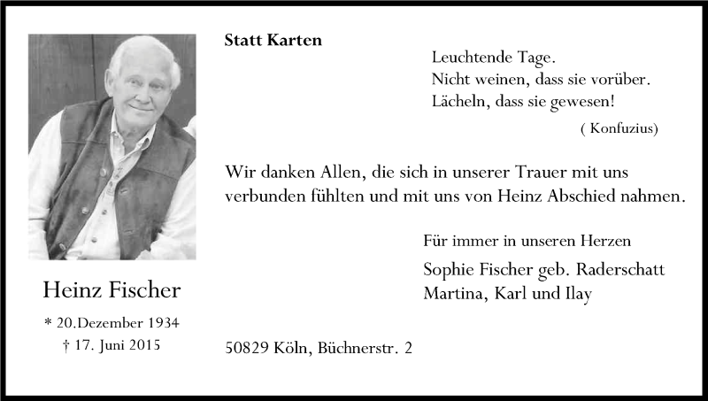  Traueranzeige für Heinz Fischer vom 09.07.2015 aus Kölner Stadt-Anzeiger / Kölnische Rundschau / Express