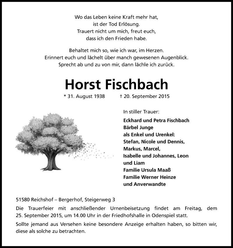  Traueranzeige für Horst Fischbach vom 22.09.2015 aus Kölner Stadt-Anzeiger / Kölnische Rundschau / Express