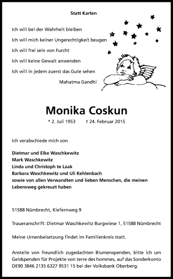Anzeige von Monika Coskun von Kölner Stadt-Anzeiger / Kölnische Rundschau / Express