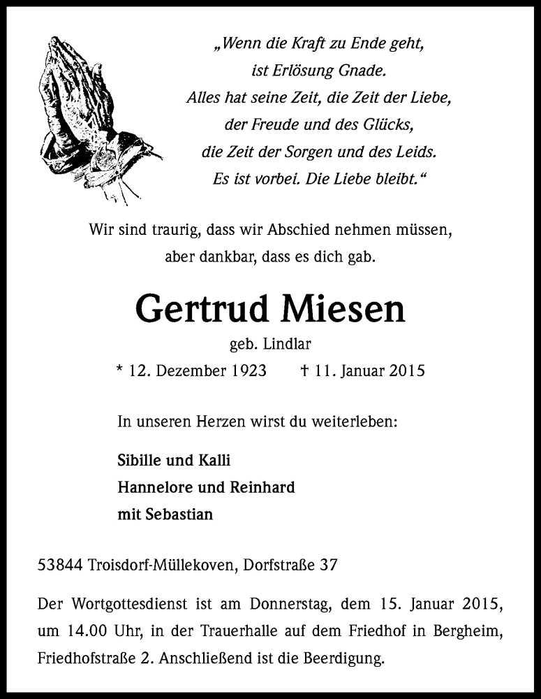  Traueranzeige für Gertrud Miesen vom 14.01.2015 aus Kölner Stadt-Anzeiger / Kölnische Rundschau / Express
