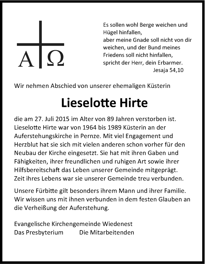  Traueranzeige für Lieselotte Hirte vom 07.08.2015 aus Kölner Stadt-Anzeiger / Kölnische Rundschau / Express