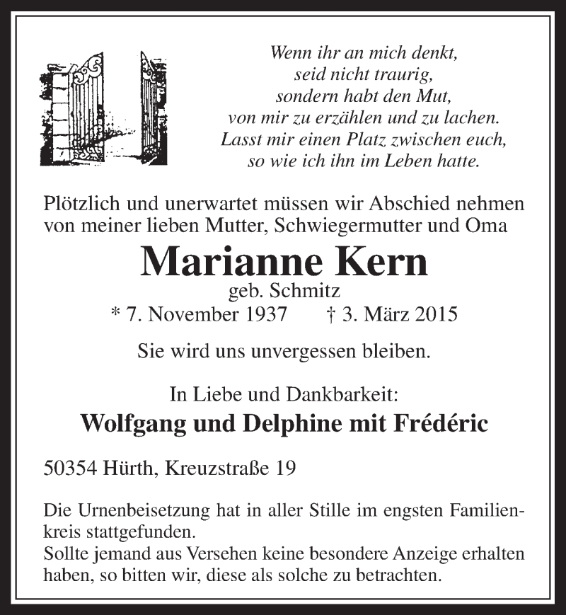  Traueranzeige für Marianne Kern vom 25.03.2015 aus  Wochenende 