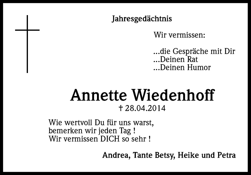  Traueranzeige für Annette Wiedenhoff vom 28.04.2015 aus Kölner Stadt-Anzeiger / Kölnische Rundschau / Express