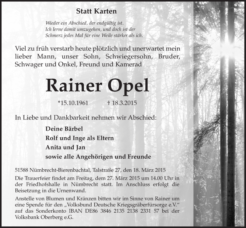  Traueranzeige für Rainer Opel vom 25.03.2015 aus  Lokalanzeiger 