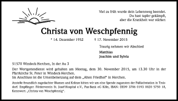 Anzeige von Christa von Weschpfennig von Kölner Stadt-Anzeiger / Kölnische Rundschau / Express