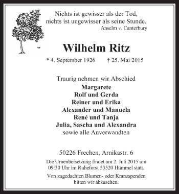 Anzeige von Wilhelm Ritz von  Werbepost 