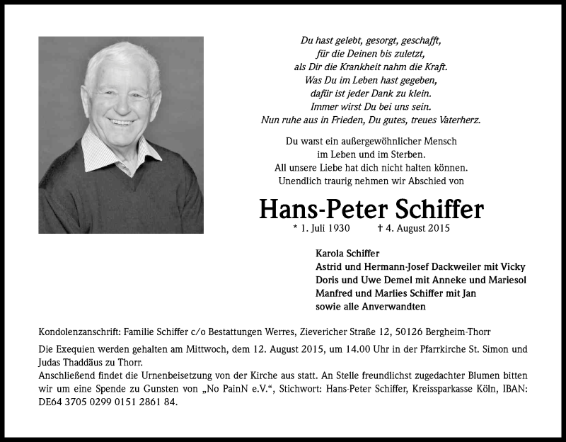  Traueranzeige für Hans-Peter Schiffer vom 08.08.2015 aus Kölner Stadt-Anzeiger / Kölnische Rundschau / Express
