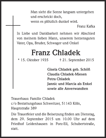 Anzeige von Franz Chladek von  Kölner Wochenspiegel 