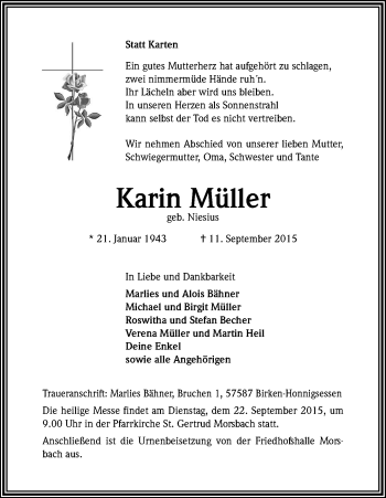 Anzeige von Karin Müller von Kölner Stadt-Anzeiger / Kölnische Rundschau / Express