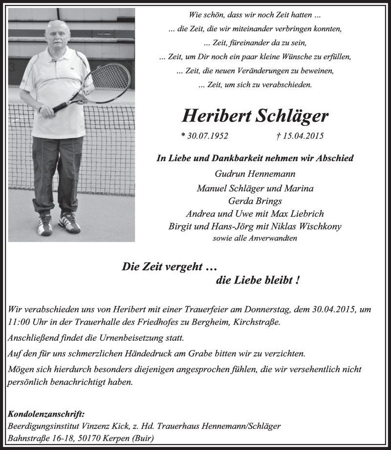  Traueranzeige für Heribert Schläger vom 25.04.2015 aus  Sonntags-Post 