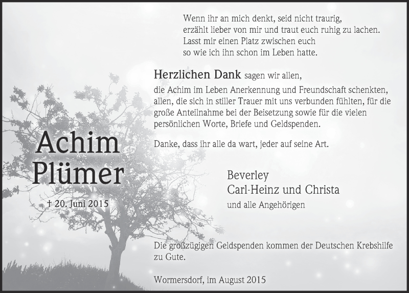  Traueranzeige für Achim Plümer vom 26.08.2015 aus  Schaufenster/Blickpunkt 