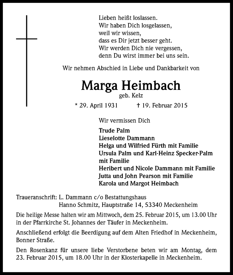  Traueranzeige für Marga Heimbach vom 21.02.2015 aus Kölner Stadt-Anzeiger / Kölnische Rundschau / Express