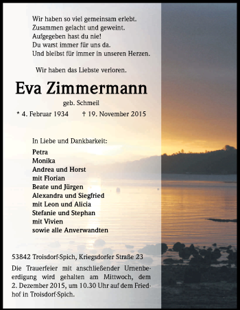 Anzeige von Eva Zimmermann von Kölner Stadt-Anzeiger / Kölnische Rundschau / Express