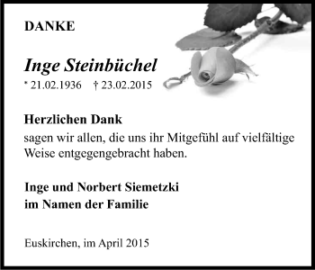 Anzeige von Inge Steinbüchel von Kölner Stadt-Anzeiger / Kölnische Rundschau / Express