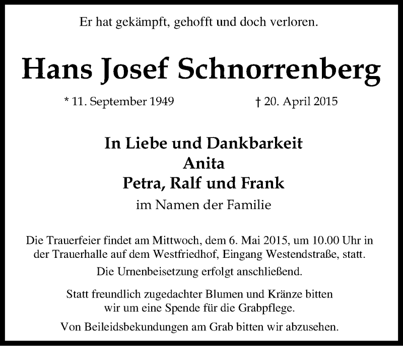  Traueranzeige für Hans Josef Schnorrenberg vom 25.04.2015 aus Kölner Stadt-Anzeiger / Kölnische Rundschau / Express