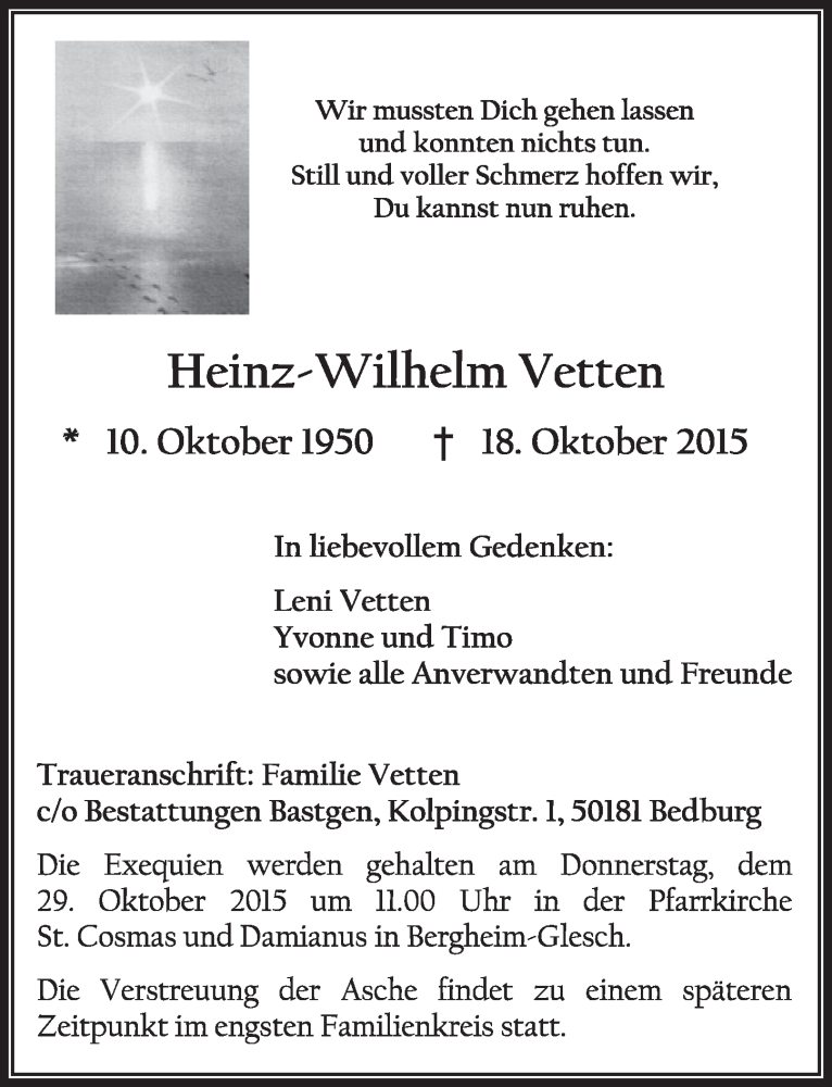  Traueranzeige für Heinz-Wilhelm Vetten vom 24.10.2015 aus  Sonntags-Post 