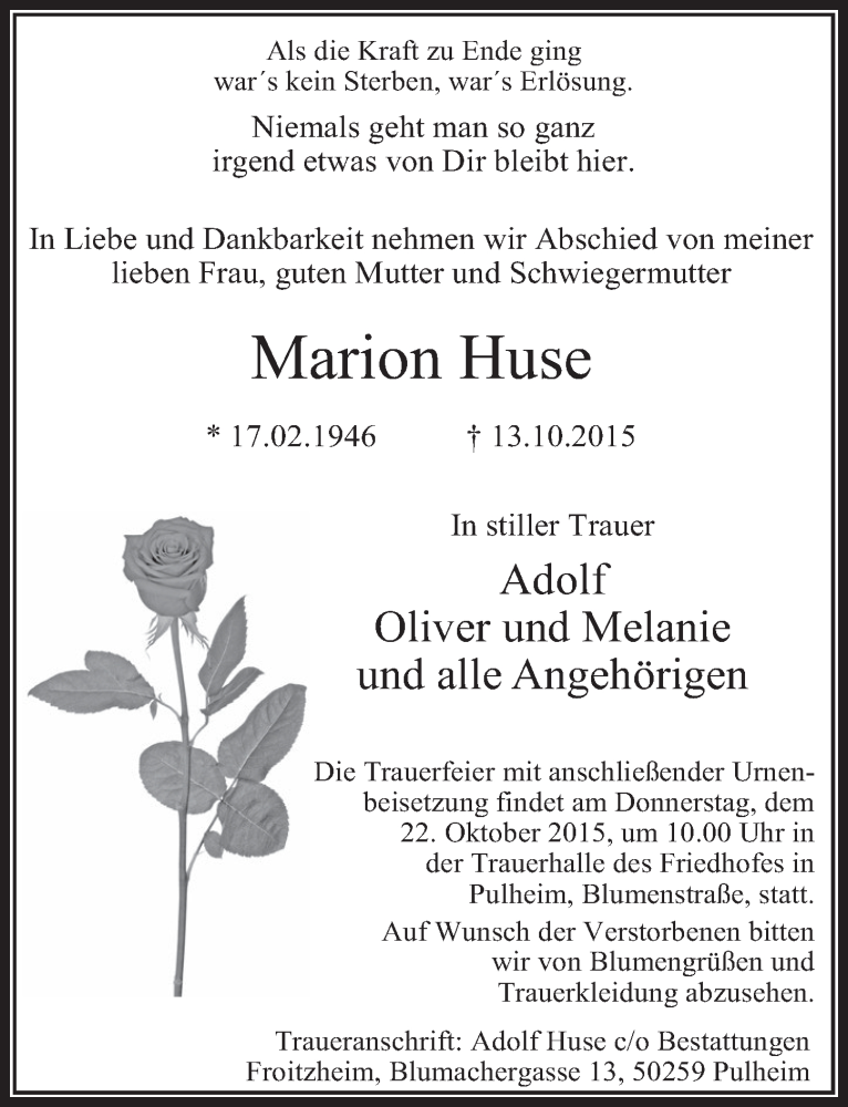  Traueranzeige für Marion Huse vom 17.10.2015 aus  Sonntags-Post 