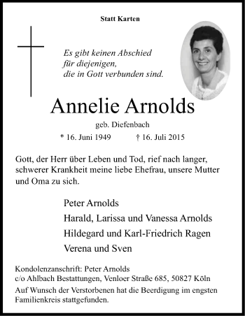 Anzeige von Annelie Arnolds von Kölner Stadt-Anzeiger / Kölnische Rundschau / Express