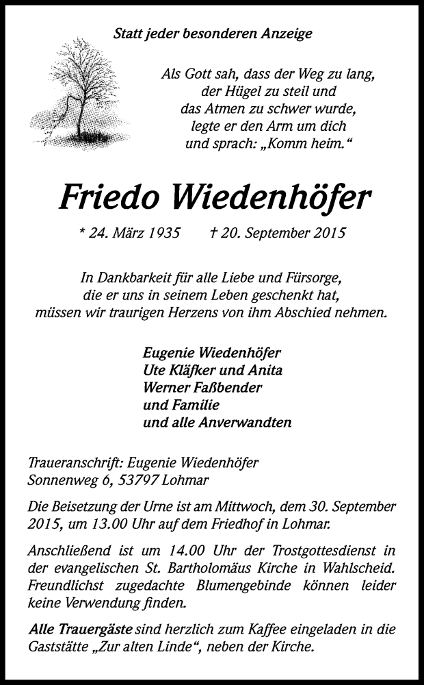  Traueranzeige für Friedo Wiedenhöfer vom 26.09.2015 aus Kölner Stadt-Anzeiger / Kölnische Rundschau / Express