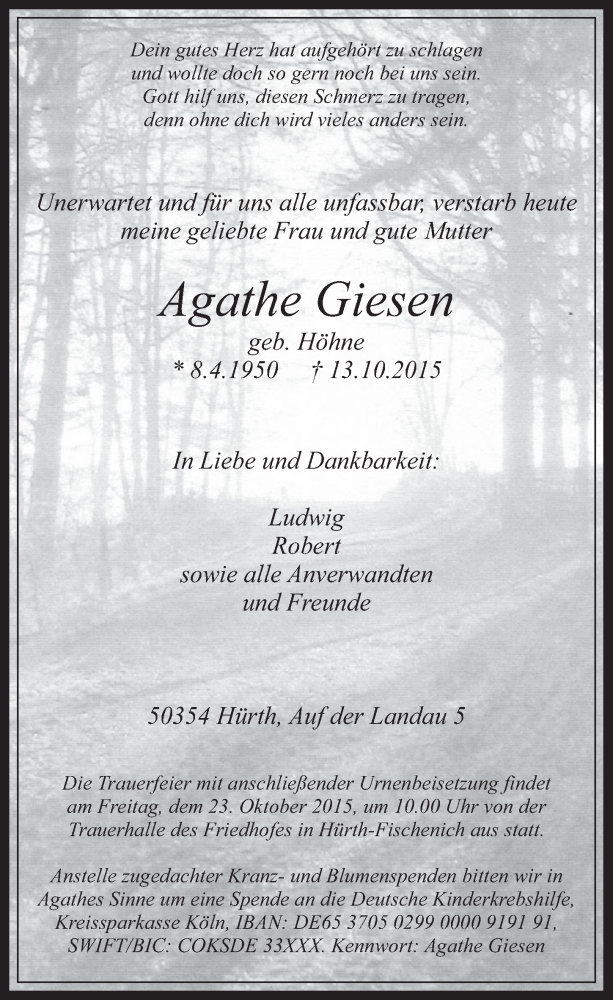  Traueranzeige für Agathe Giesen vom 21.10.2015 aus  Wochenende 