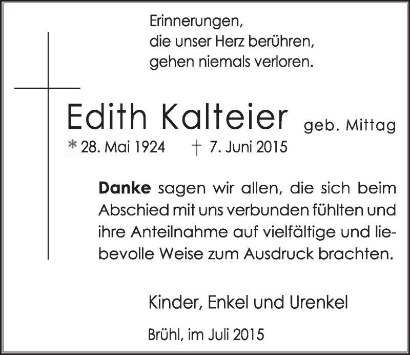  Traueranzeige für Edith Kalteier vom 08.07.2015 aus  Schlossbote/Werbekurier 