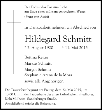 Anzeige von Hildegard Schmitt von Kölner Stadt-Anzeiger / Kölnische Rundschau / Express