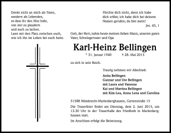 Anzeige von Karl-Heinz Bellingen von Kölner Stadt-Anzeiger / Kölnische Rundschau / Express