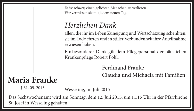  Traueranzeige für Maria Franke vom 08.07.2015 aus  Schlossbote/Werbekurier 