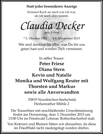 Anzeige von Claudia Decker von Kölner Stadt-Anzeiger / Kölnische Rundschau / Express