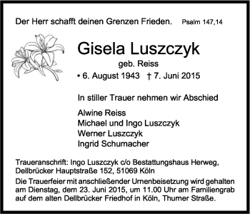 Anzeige von Gisela Luszczyk von Kölner Stadt-Anzeiger / Kölnische Rundschau / Express