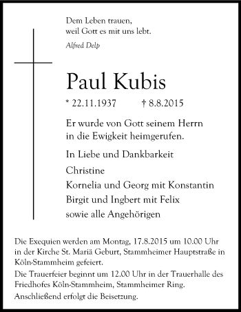 Anzeige von Paul Kubis von Kölner Stadt-Anzeiger / Kölnische Rundschau / Express