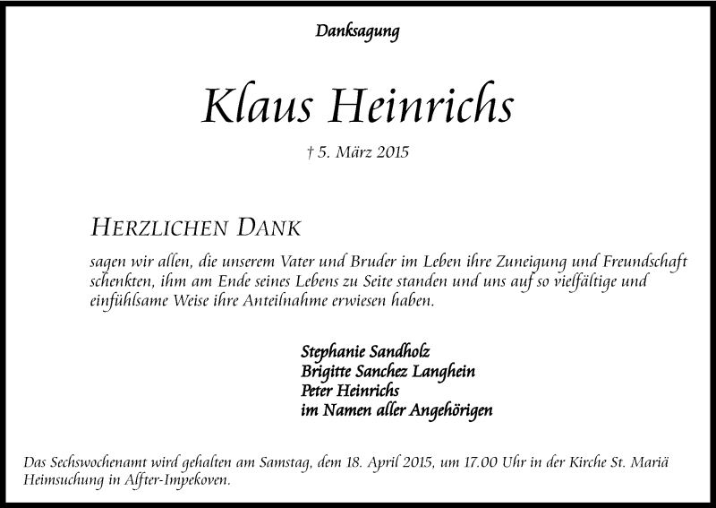  Traueranzeige für Klaus Heinrichs vom 11.04.2015 aus Kölner Stadt-Anzeiger / Kölnische Rundschau / Express